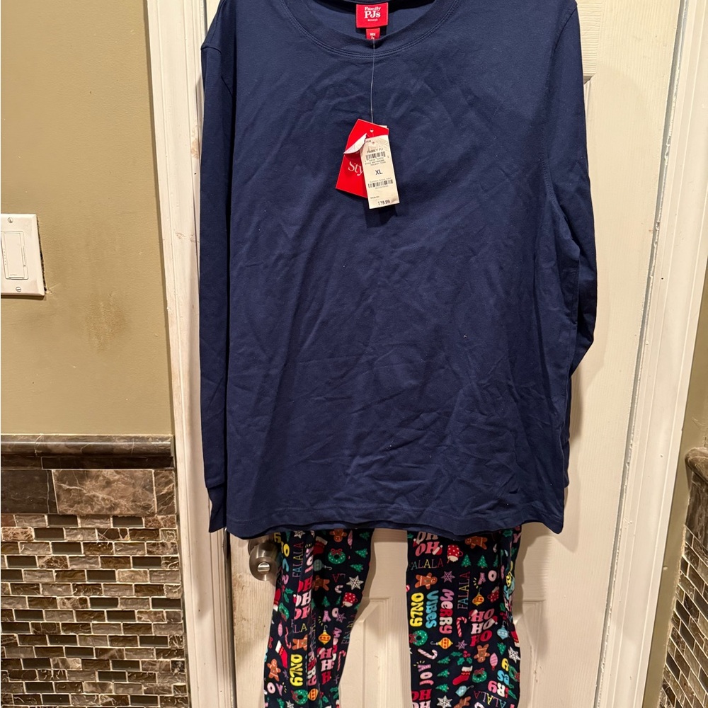 Family Pajamas Navy Top with Colorful Print Pants
